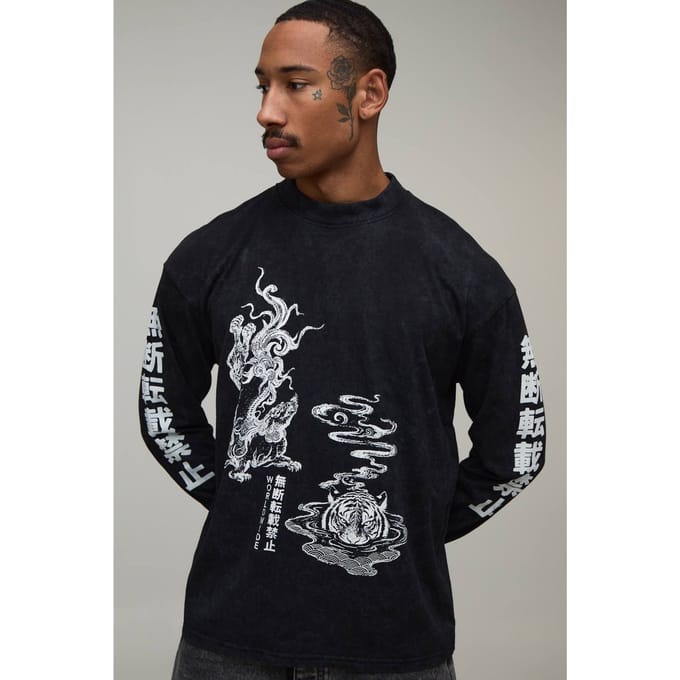 Oversized Tijgerprint Gewassen Shirt Met Lange Mouwen | Washed Black | Size XL