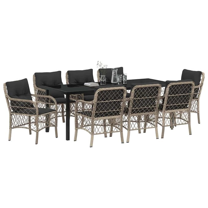 vidaXL - Tuin - Eettafel - Set - 9 - st - Lichtgrijs - poly - rattan