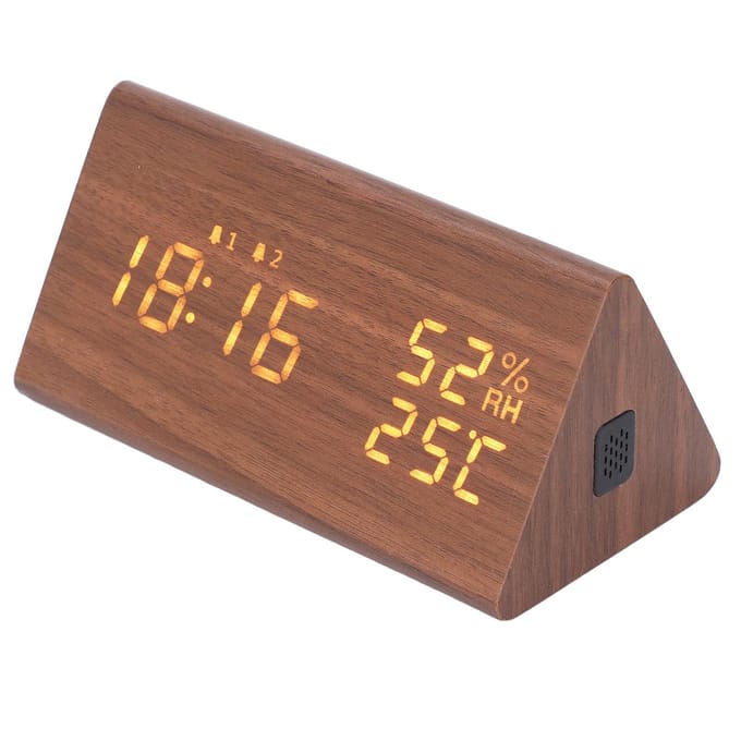 LED Digitale Wekker Multifunctionele Houten Klok met Spraakbesturing Luchtvochtigheid Temperatuur Week Tijd brown