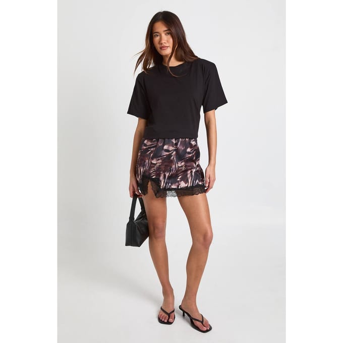 boohoo Dames Tonal Zebra Satijn Kant Trim Mini Rok | Maat: 8