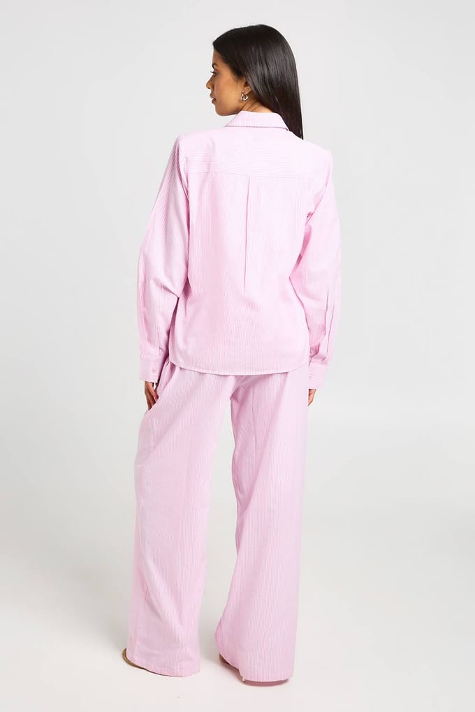 boohoo Dames Katoenen Poplin Gestreepte Wijde Broek | Roze | Maat: 38