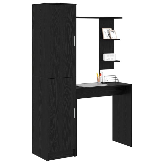 vidaXL - Bureau - met - plank - met - opslag - met - de - deur - 2 - st - Zwart - Eiken