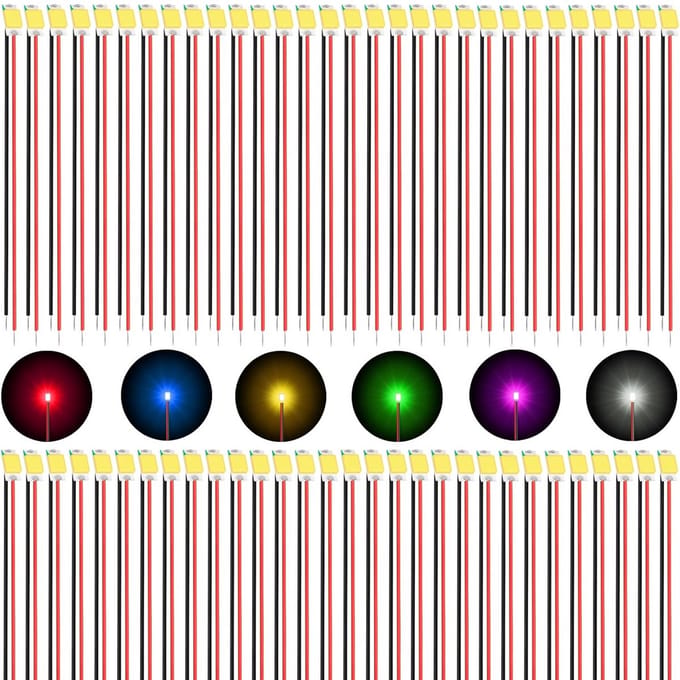 Joycabin 60 Pcs 0805 Micro LED Diode Bulbs, Pre-Soldered, Micro SMD Led 0805, Pre-Wired with 16 cm PTFE Cable for DIY Model Making Decoration Lighting (Red, Blue, Green, Yellow,