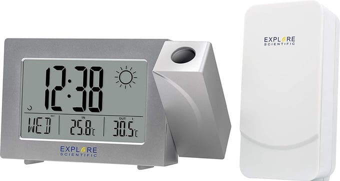 Explore Scientific RDW3008 | Radio gestuurde digitale projectiewekker | Groot Display | Weersvoorspelling | Dag aanduiding | Binnen – en buitenthermometer | Zilver