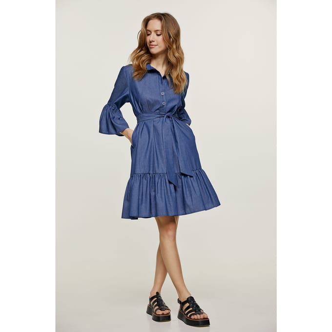 Denim Jurk met Klokmouwen en Ruches