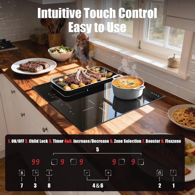 Inductiekookplaat 4 Zones met Flexzone en Touchscreen - 60 cm - Veiligheidsvergrendeling en Timer
