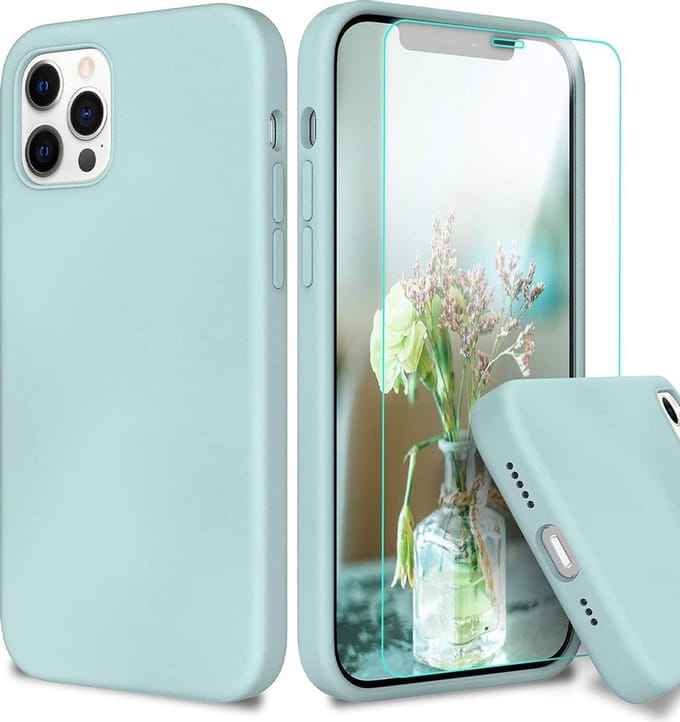 HB Hoesje Geschikt voor Apple iPhone 12 / 12 Pro - Turquoise - Siliconen Back Cover / Glazen Screenprotector
