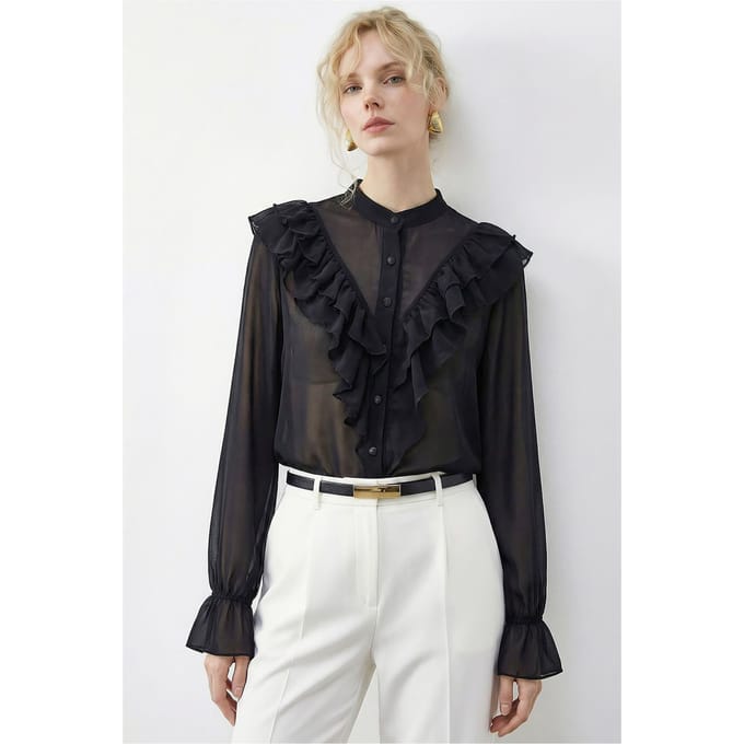 Fruizige Mandarijnkraag Lange Mouw Chiffon Shirt