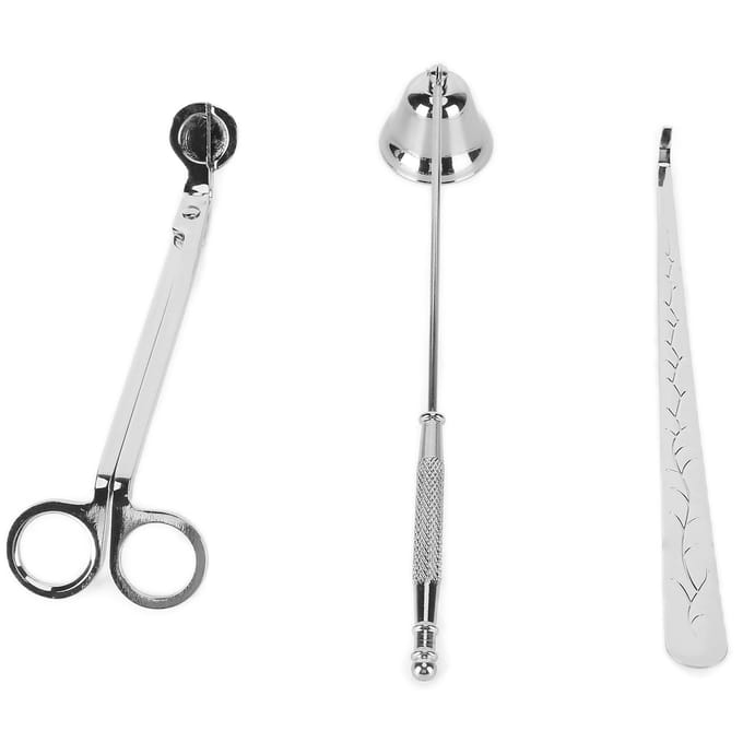 3-delige set kaarsenaccessoires, kaarsenlonttrimmer, snijder, dover, blusser, lontdipper, cadeau zilver