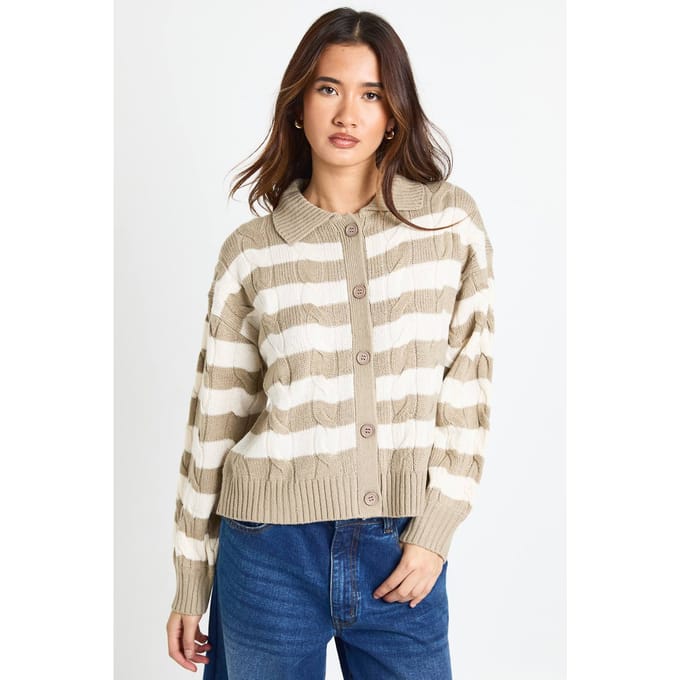 boohoo Dames Gestreepte kraaggebreide cardigan | Taupe | Maat: Medium