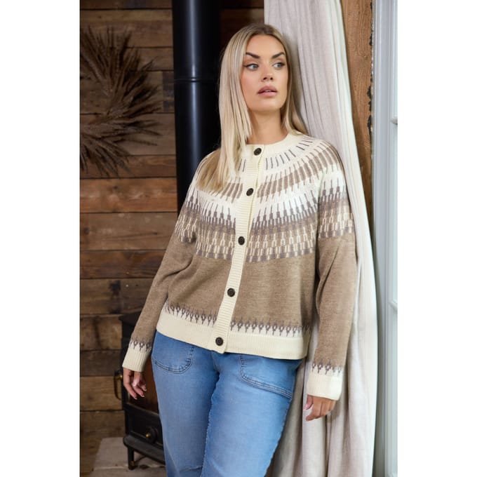 Yours Natural Brown Fairisle Gebreide Cardigan Size 54-56