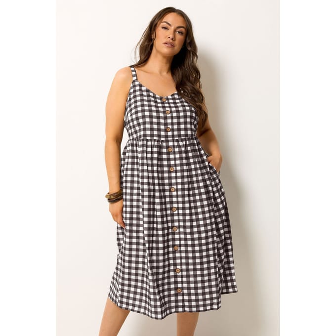 Yours Chocoladebruine Gingham Linnen Jurk Size 48