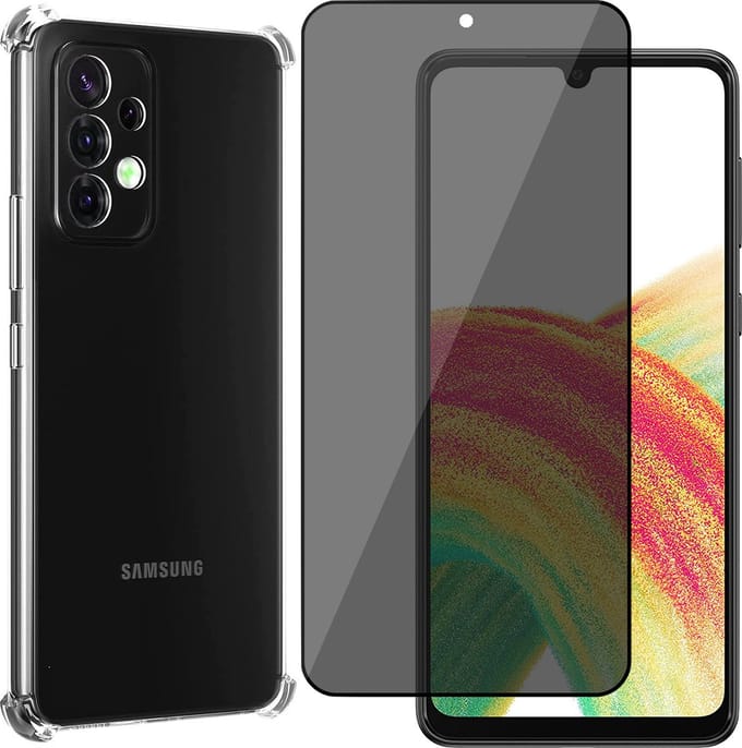 Hoesje geschikt voor Samsung Galaxy A33 - Transparant met Screenprotector Set - Privacy Gehard Glas Full Screen Tempered Glass Screen Protector