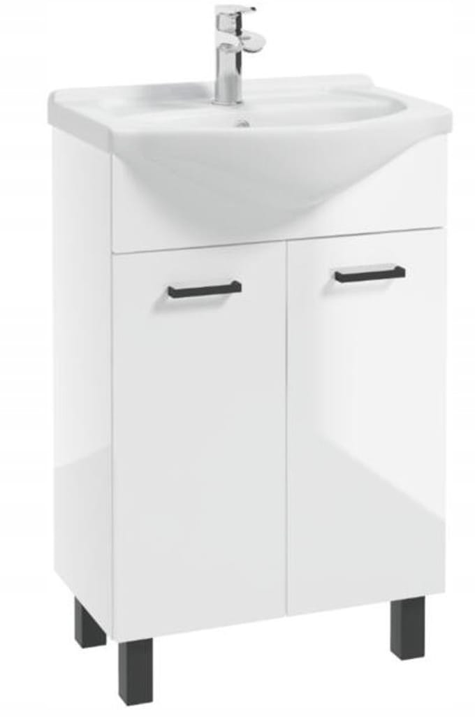Deftrans Mea - Badkamerkast met Wastafel - 55 cm - Witte Glans - Zwarte Poten