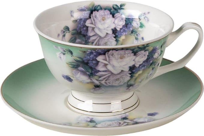 Clayre & Eef Kop en Schotel 200 ml Groen Wit Porselein Bloemen