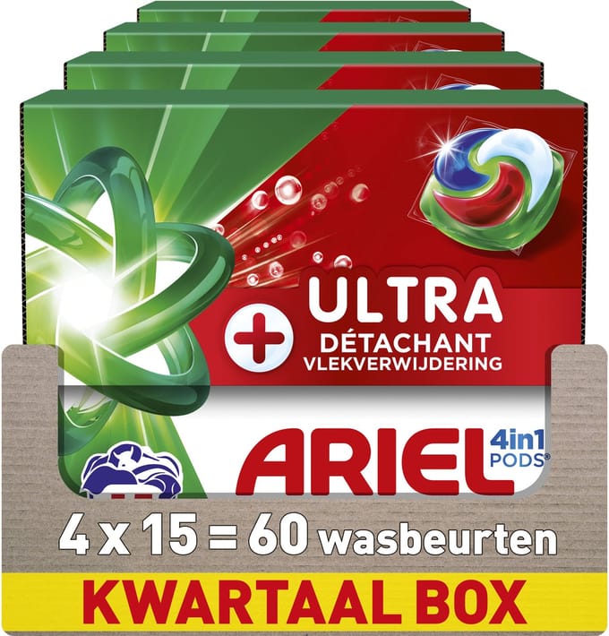 Ariel 4in1 Wasmiddel Pods + Ultra Vlekverwijdering - 4 x 15 Wasbeurten