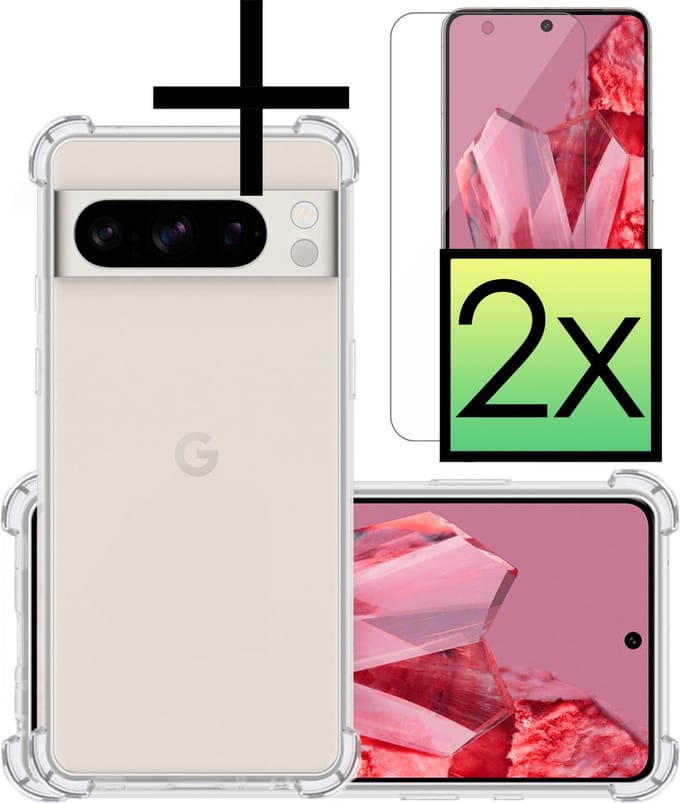 Hoesje - Met Screenprotector - 2 Stuks - Geschikt voor Google Pixel 8 Pro - Sterk & Shockproof - Siliconen Case - Back Cover - Telefoon Hoes - Shock Proof - Transparant