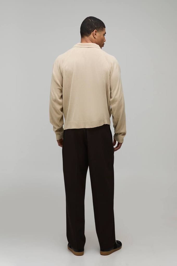 Regular 1/4 Zip Knitted Polo T-Shirt | Taupe | Size Medium