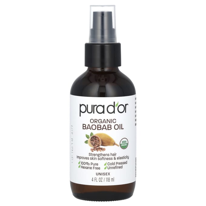 Pura D'or, Organic Baobab Oil, 4 fl oz (118 ml) black