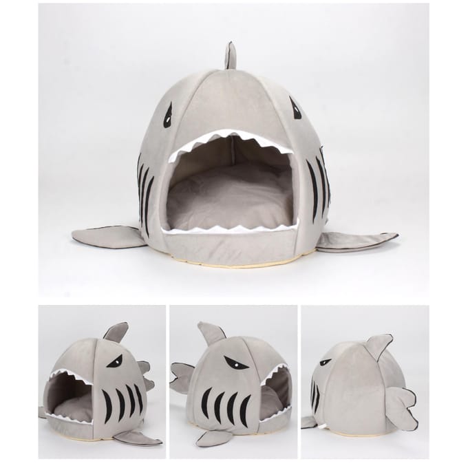 Maison Chat Requin Amovible Lavable Toutes Saisons Lit Chat en Forme de Requin pour Animaux Chaton Chiens Gris grise