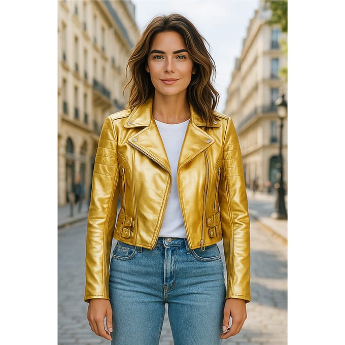 Dames Gouden Cropped Brando Leren Bikerjack - Durban