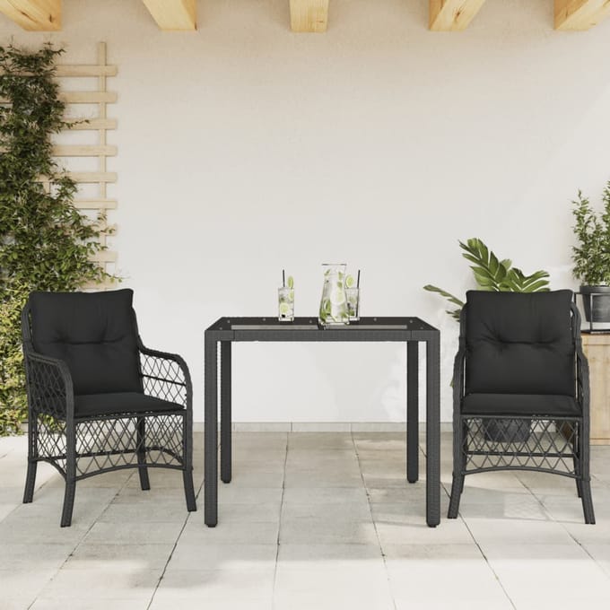 vidaXL - 3-delige - Bistroset - met - kussens - poly - rattan - zwart