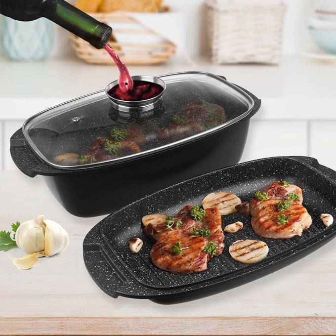Braadslede Graniet met Deksel 3W1 GRANDE 5 l, 39x22 cm - Ovenschaal - Braadpan