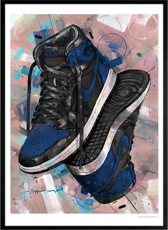 Sneaker print upside down royal blue 51x71 cm *ingelijst & gesigneerd