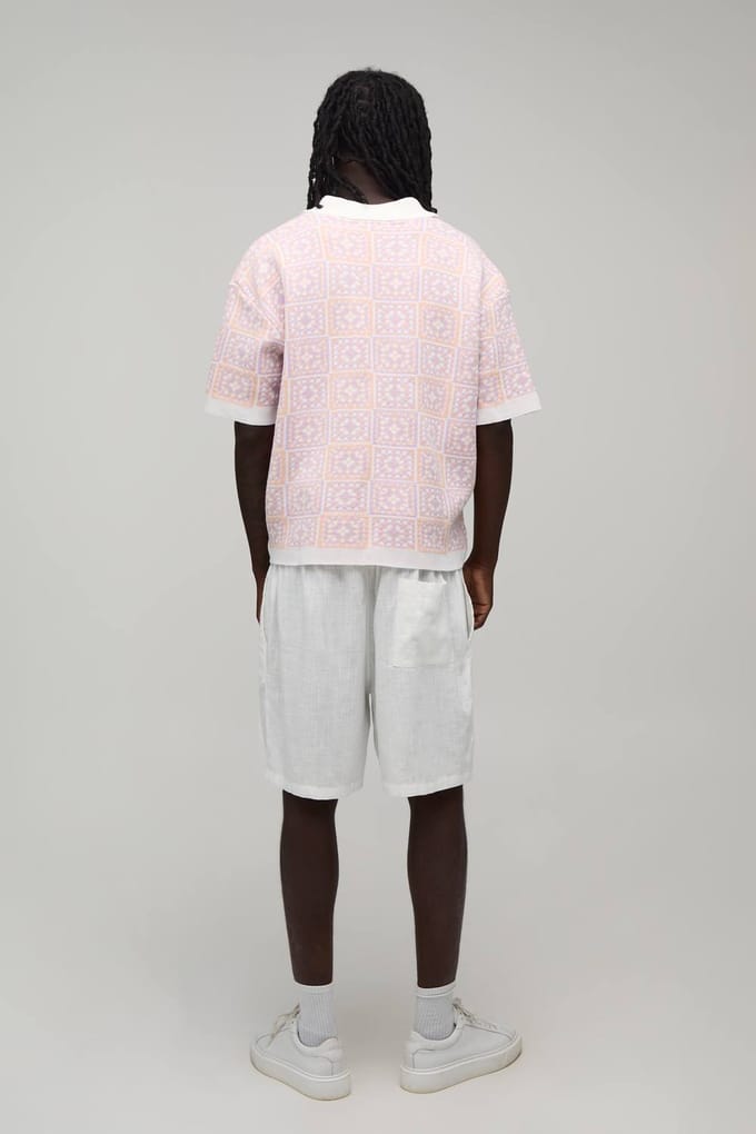 Oversized Boxy Crochet Square Knitted Polo T-Shirt | Pink | Size Small