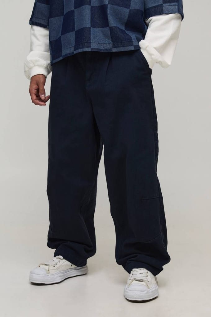 Balloon Fit Half & Half Tailleband Gewassen Twill Broek | Dark Navy | Size Small