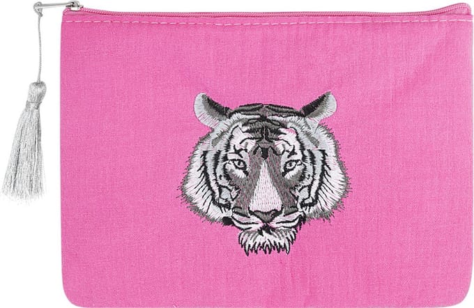 Make-up tas met tijger hoofd - fuchsia