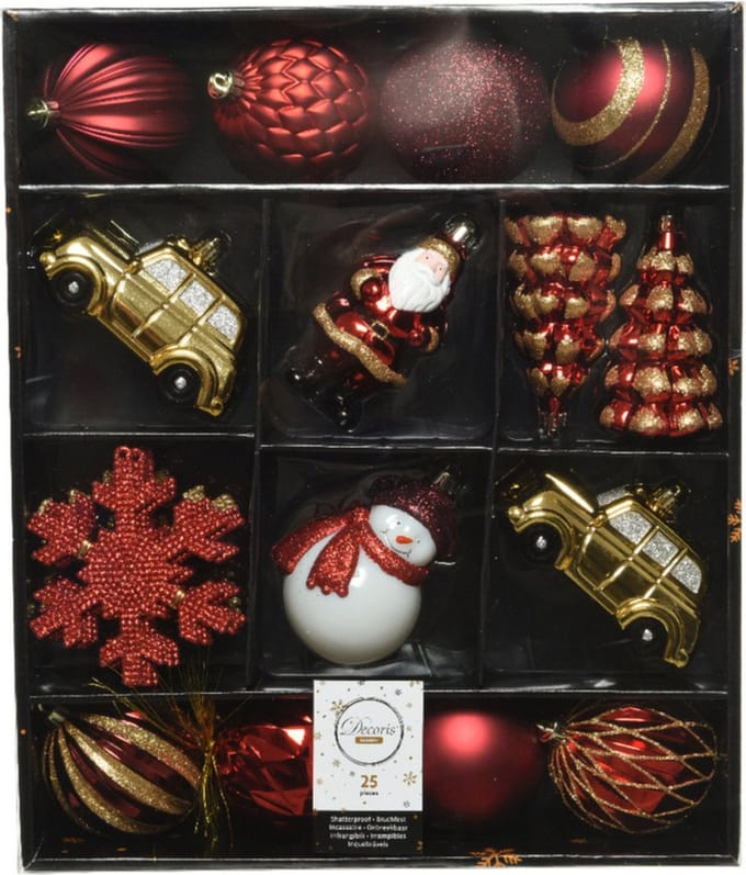 Decoris 25x kersthangers - rood - goud - kunststof - onbreekbaar - 8 cm - ornamenten