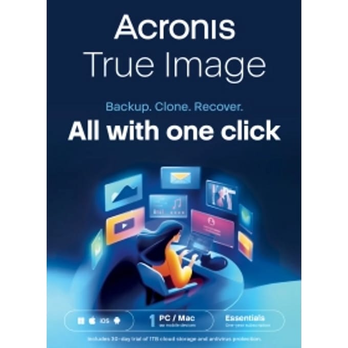 Acronis True Image Essentials | Jaarlicentie | 1 PC | Geschikt voor 1 installatie | Windows | Mac | Android | iOS