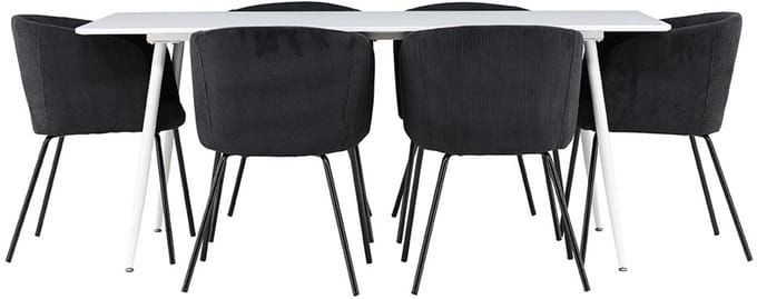 Silar eethoek tafel 90x180cm en 6 fluwelen stoelen met armleuningen wit.