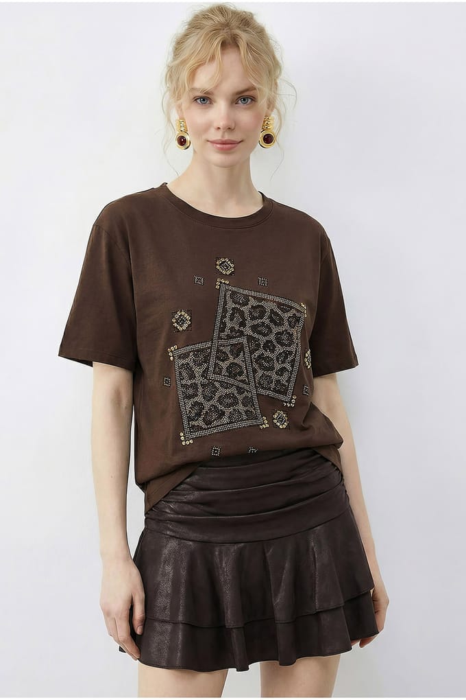 Crew Neck Geometrisch Pailletten Bedrukt T-Shirt