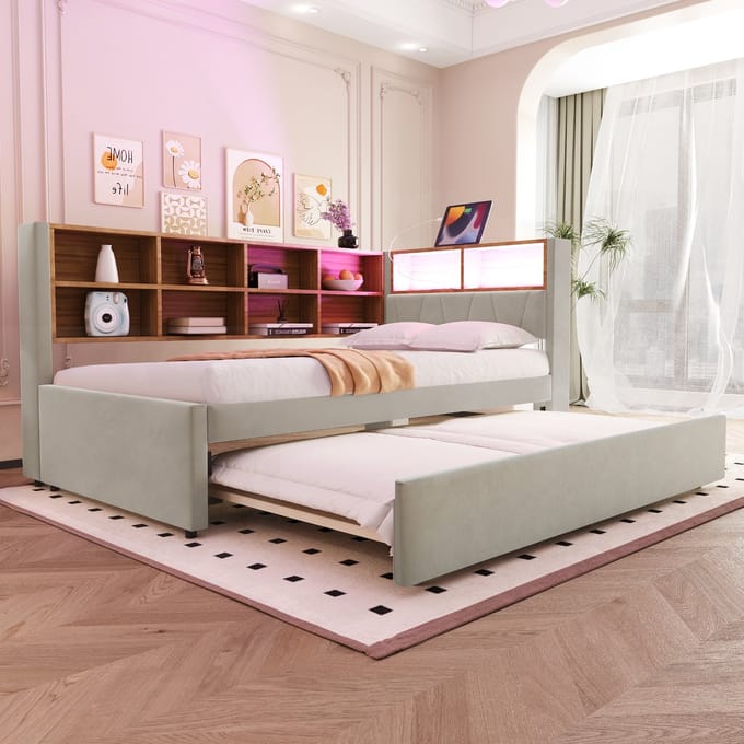 Slaapbank / Gestoffeerd Bed - 90x200 cm - Uittrekbed + LED + USB + Opbergruimte - Flanel - Lichtgrijs