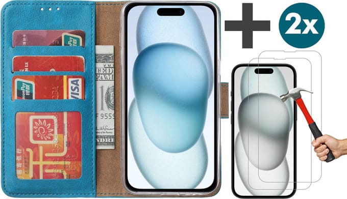 Hoesje met 2 Stuks Screenprotectors Geschikt voor iPhone 15 Plus – Arara bookcase met pasjeshouder - Bruin