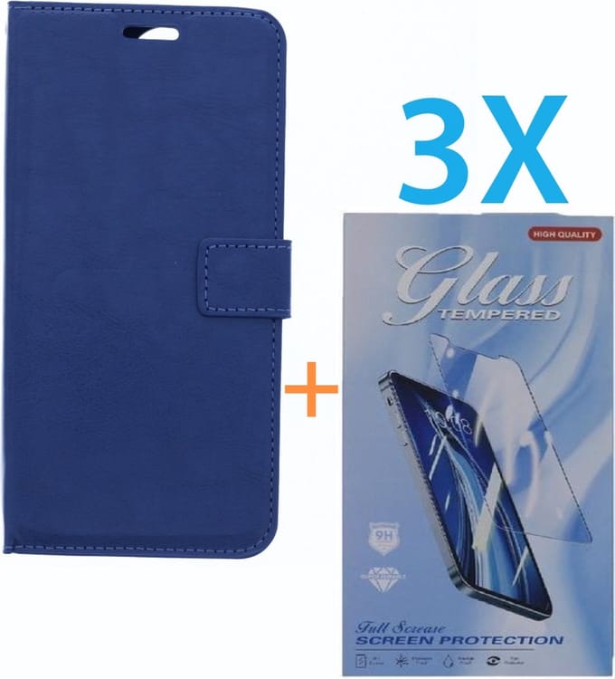 Bookcase Geschikt voor: Apple iPhone 14 - Blauw - portemonnee hoesje - + 3X Tempered Glass Screenprotector