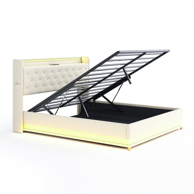 COVREO Bedframe 160x200 cm beige, met LED en USB, zonder matras