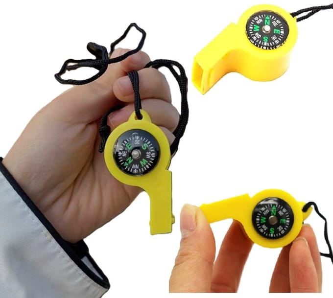 Survival Fluit & Kompas In 1 I Multitool I Extra Sterk I Temperatuurmeter I Kompas I Fluitje I Geel