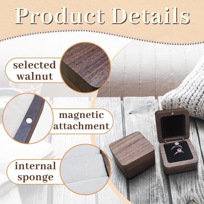houten ringbox, mini-verlovingsringbox met dubbele sleuf, vierkante bruiloftsringbox voor ring, elegante en retro ringhouder (zwart)