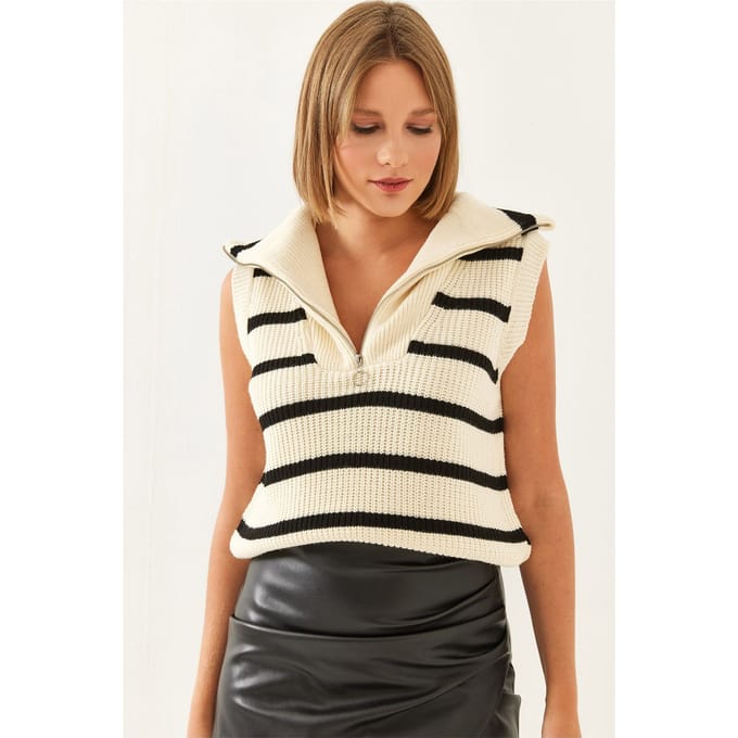 Gestreepte gebreide sweatervest met ritskraag