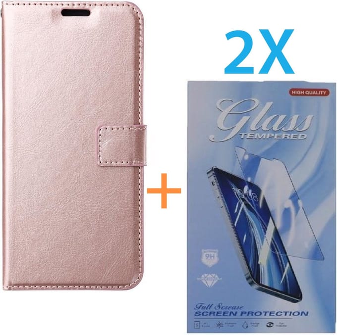 Bookcase Geschikt voor: Apple iPhone 16 Plus - Rosegoud - portemonnee hoesje - + 2X Tempered Glass Screenprotector