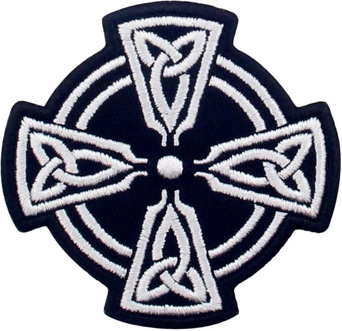 Keltisch Kruis Patch - Biker Embleem - Kleding Decoratie - Geborduurd IJzer Op - 7.5 x 7.5 cm - Wit Zwart