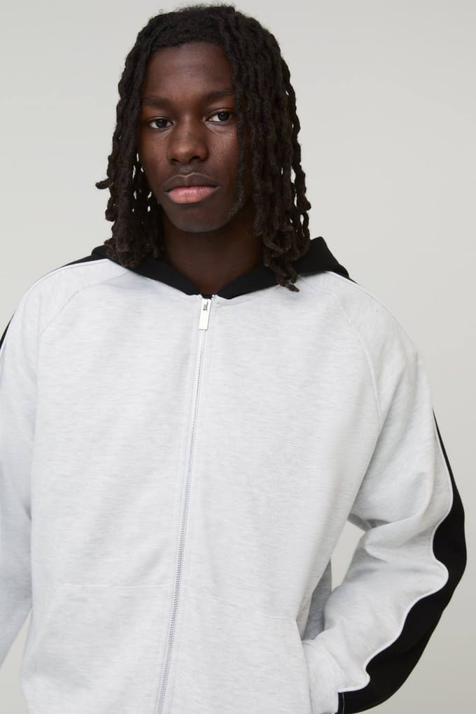 Oversized Trainingspak Met Panelen Ritshoodie En Relaxed Joggingbroek | Grey Marl | Size Medium