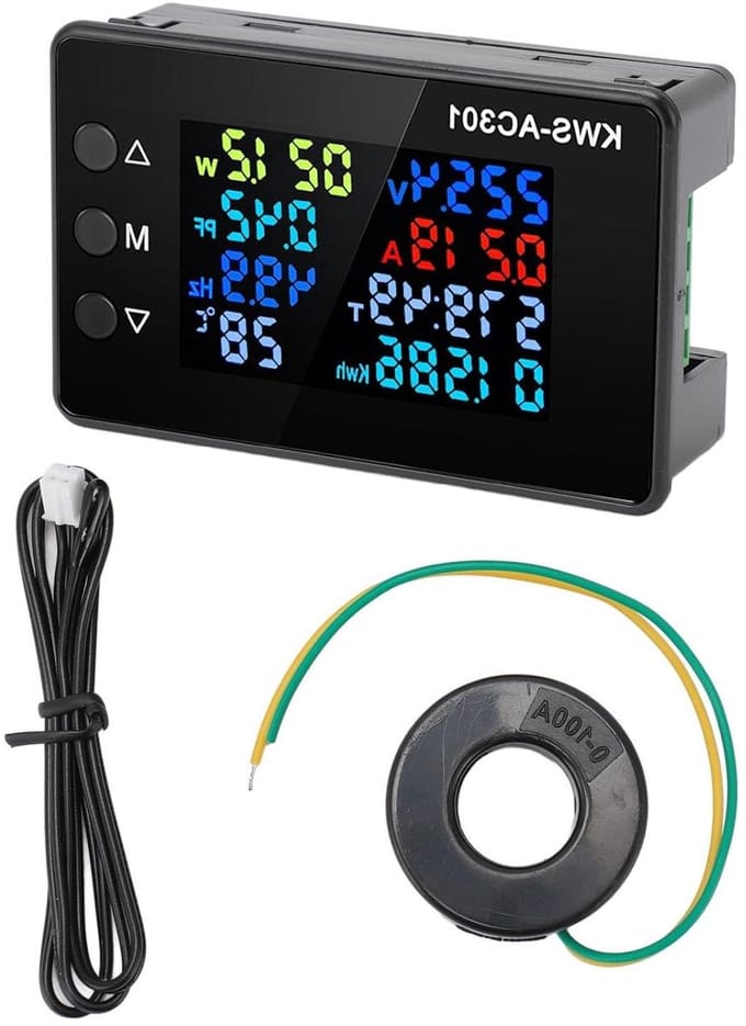 Volt-ampèremeter - Stroommeter spanning - Energie meten - Kleuren LCD display - 100 A 300 V - Zwart