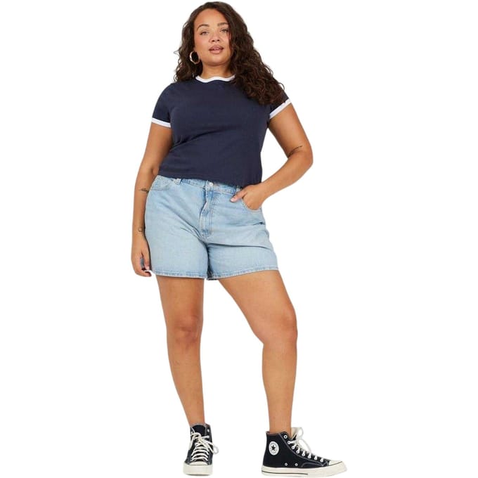 Brave Soul Dames/Dames Ringer Crew Hals Plus T-shirt (Marine, Wit)