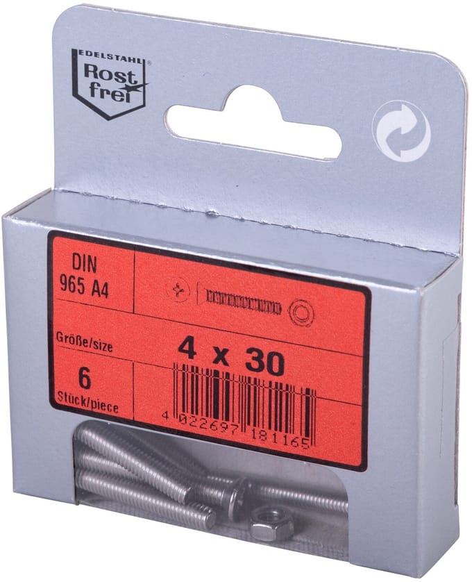 Verzonken kopschroef met moer (DIN 965/934-A4)