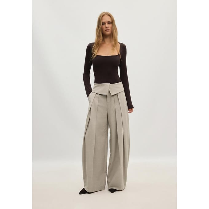 Stradivarius Wide-leg pantalon met omgeslagen taille  Beige 36