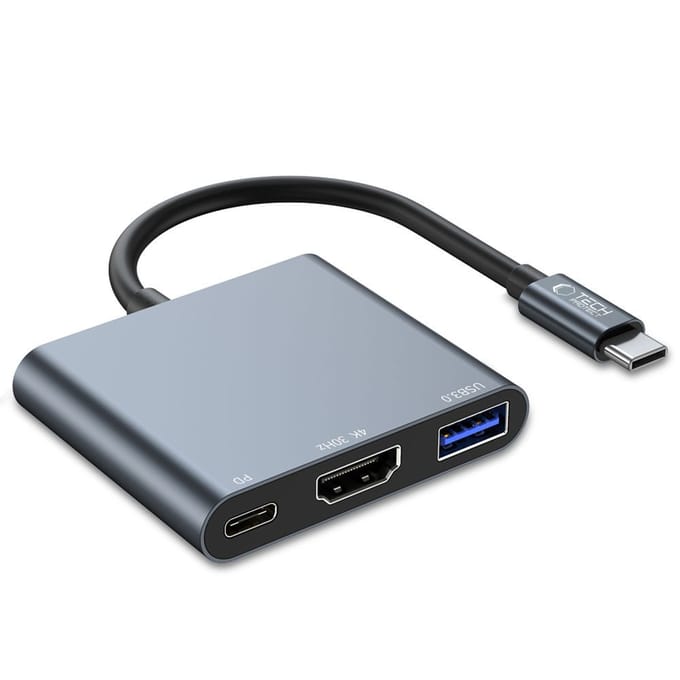 Tech-Protect V1 3in1 USB-C - USB-A 3.0 / USB-C PD 100W / HDMI 4K 30Hz - Grey USB hub - 3 - USB 3.0 - Grijs
